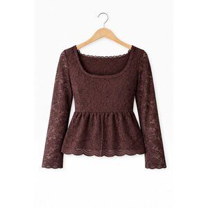 Women’s Brown Lace Peplum Top Square Neck Long Sleeve XL La Peche